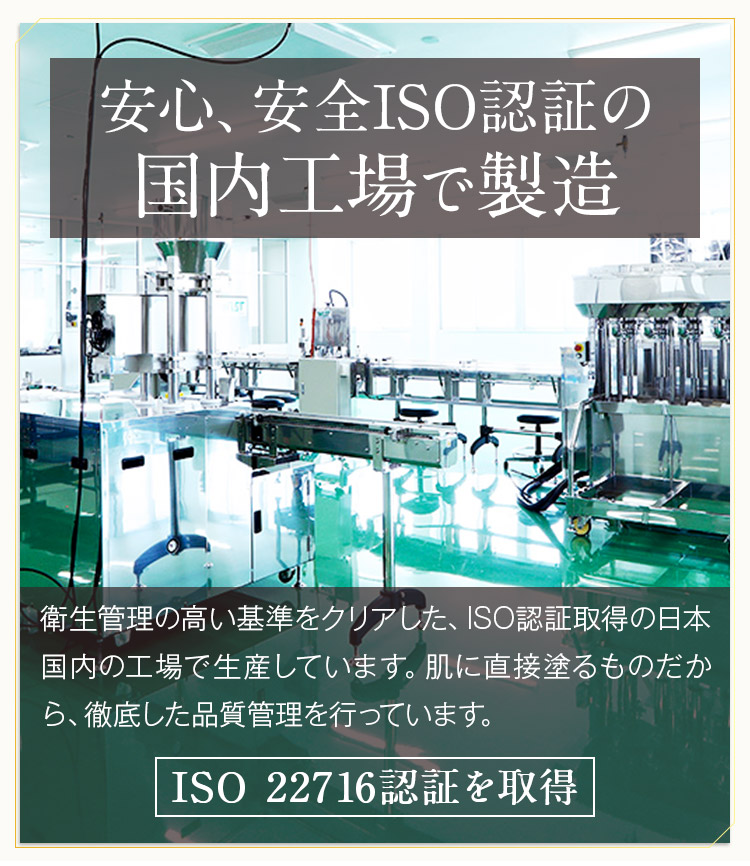 衛生管理の高い基準をクリアした、ISO認証取得の日本国内の工場で生産しています。肌に直接塗るものだから、徹底した品質管理を行っています。ISO 22716認証を取得